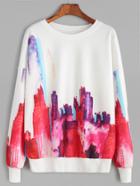 Romwe White Abstract Print Drop Shoulder Sweatshirt