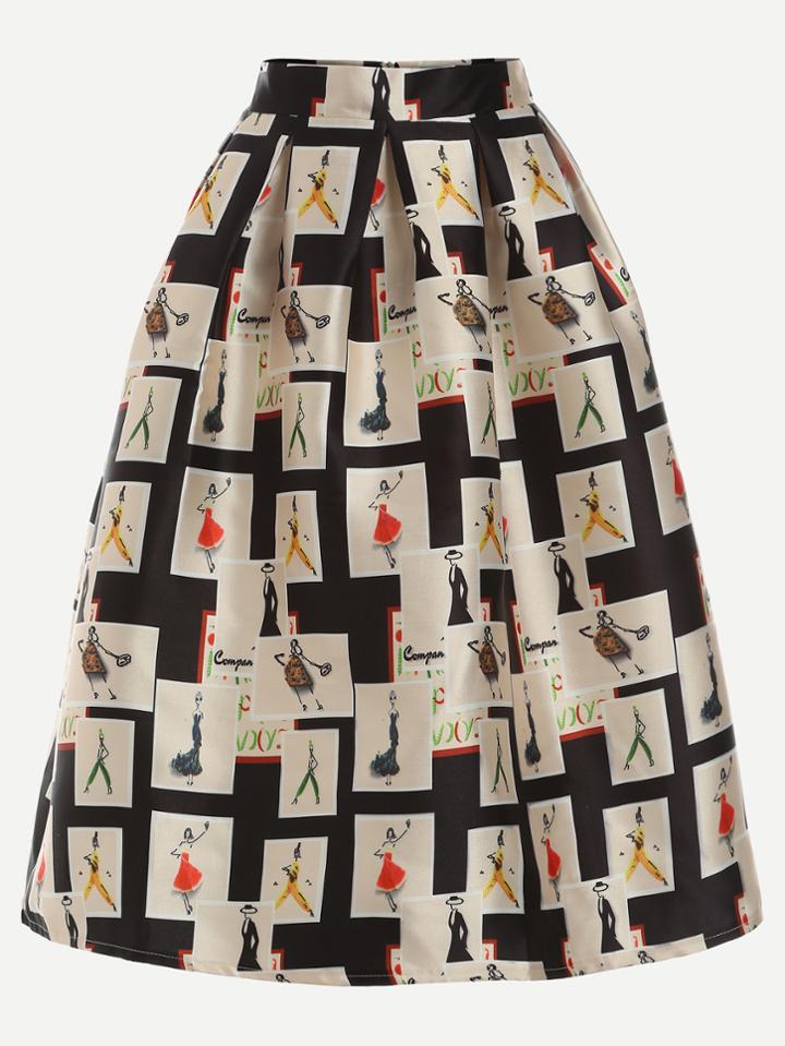 Romwe Apricot Graffiti Print Zipper Flare Skirt