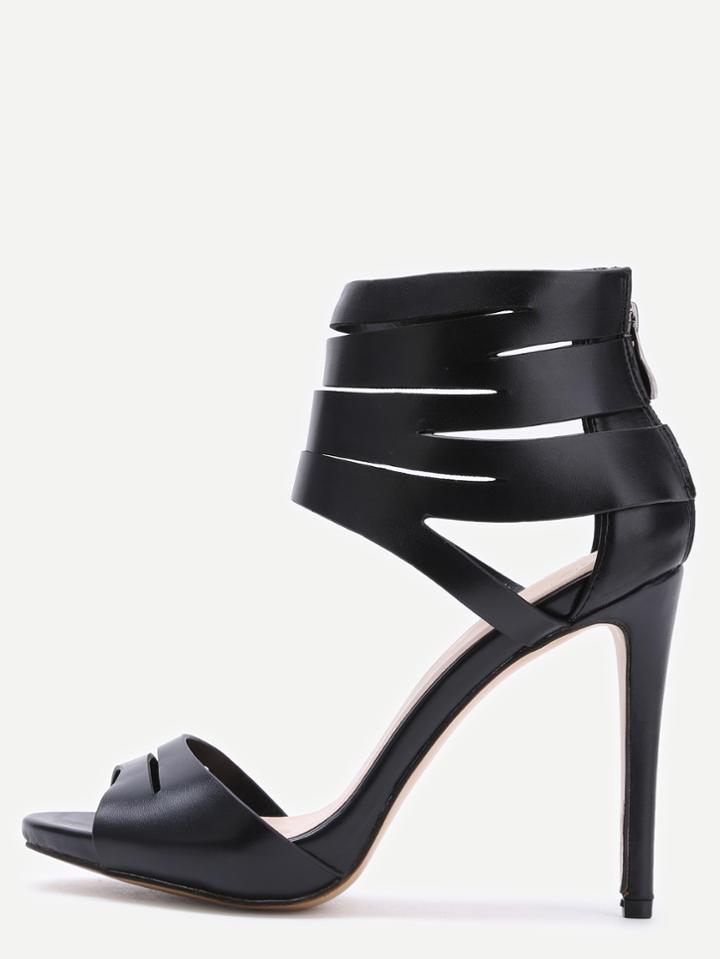 Romwe Black Strappy Ankle Cuff Heels