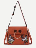Romwe Double Cranes Embroidered Pu Shoulder Bag