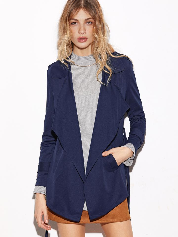 Romwe Navy Waterfall Collar Epaulette Coat With Belt