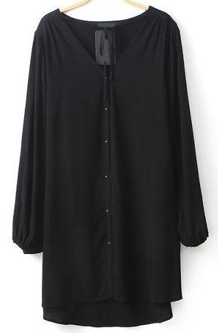 Romwe V Neck Loose Buttons Black Dress