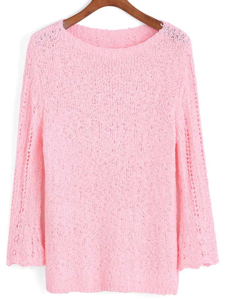 Romwe Bell Sleeve Hollow Pink Sweater