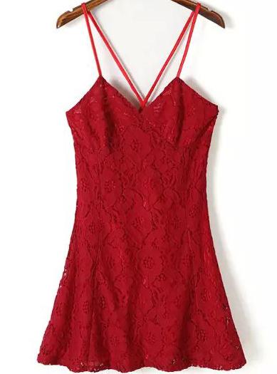 Romwe Spaghetti Strap Backless Lace Red Dress