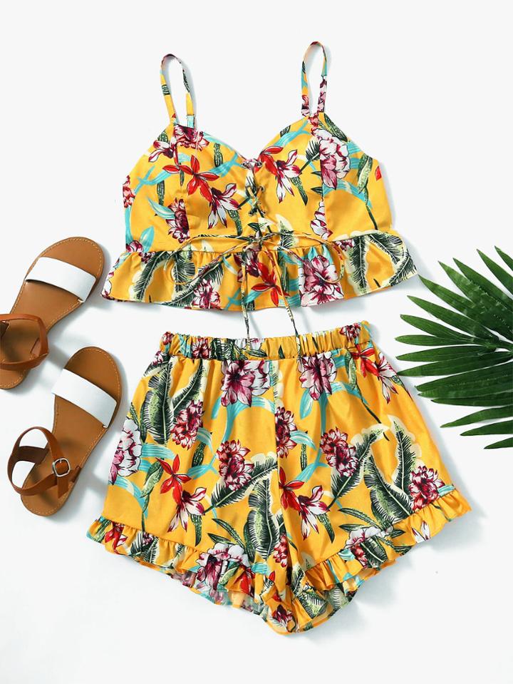 Romwe Random Eyelet Lace Up Frill Crop Cami Top With Shorts