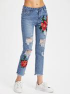 Romwe Embroidered Appliques Ripped Frayed Hem Jeans