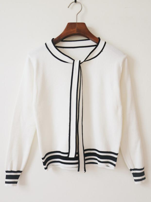 Romwe Women Striped Tie White Sweater