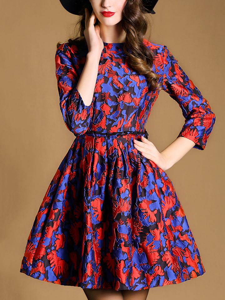 Romwe Multicolor Round Neck Length Sleeve Dress