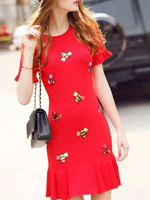 Romwe Red Ruffle Sleeve Bees Beading Knit Dress