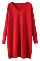 Romwe V Neck Sheer Red Knitted Dress