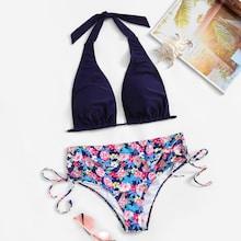 Romwe Plunge Neck Halter Top With Tie Side Bikini Set