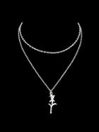 Romwe Silver Multi Layers Chain With Rose Flower Charm Pendant Necklace