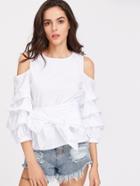 Romwe Open Shoulder Buttoned Keyhole Back Ruched Sleeve Belted Top