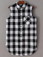 Romwe Black And White Plaid Buttons Blouse