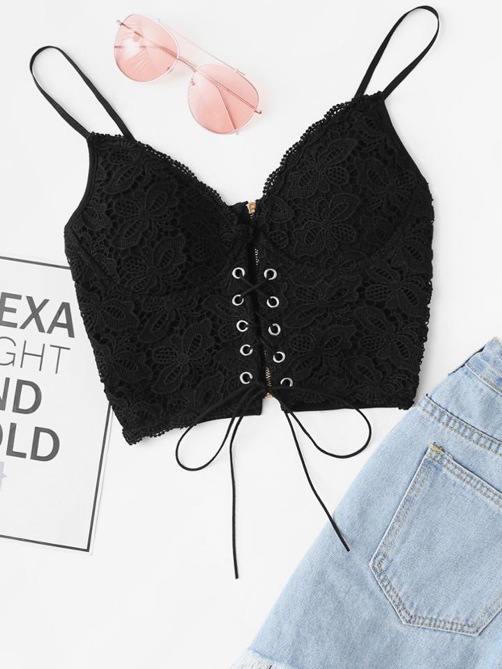 Romwe Eyelet Lace Up Zipper Back Cami Top