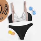 Romwe Striped Print Contrast Straps Bikini Set