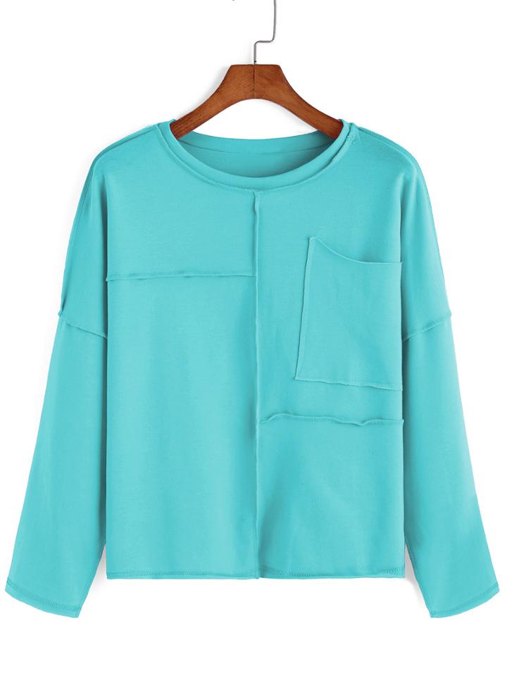 Romwe Round Neck Pocket Green Sweatshirt