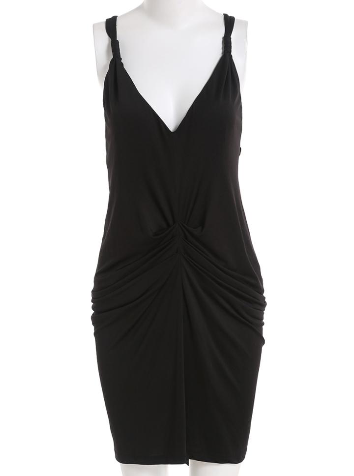 Romwe Deep V Neck Backless Folds Dress
