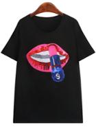 Romwe With Sequined Lip Pattern Black T-shirt