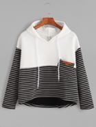Romwe Contrast Striped High Low Drawstring Hooded Pocket Sweatshirt