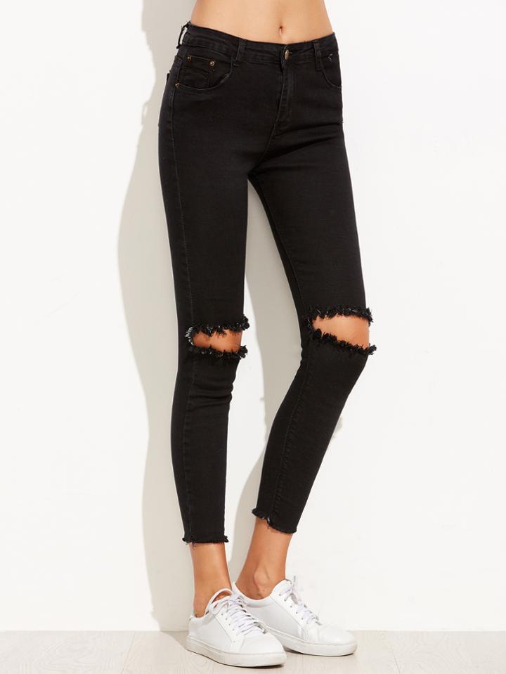 Romwe Black Knee Ripped Fray Hem Skinny Jeans