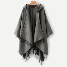 Romwe Fringe Hem Hooded Poncho Coat