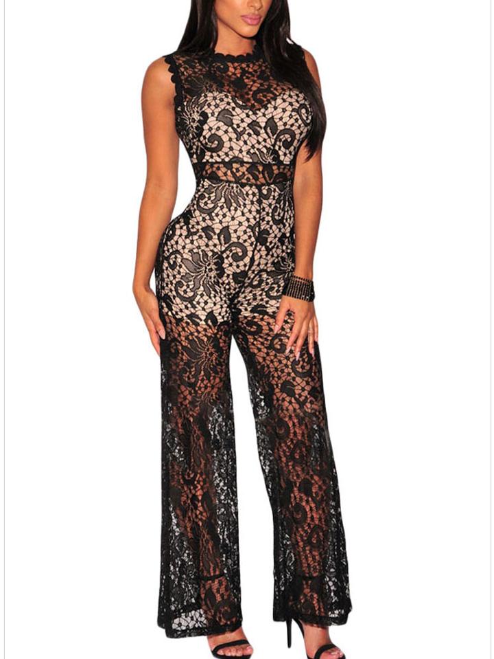 Romwe Semi-sheer Sleeveless Lace Jumpsuit - Black