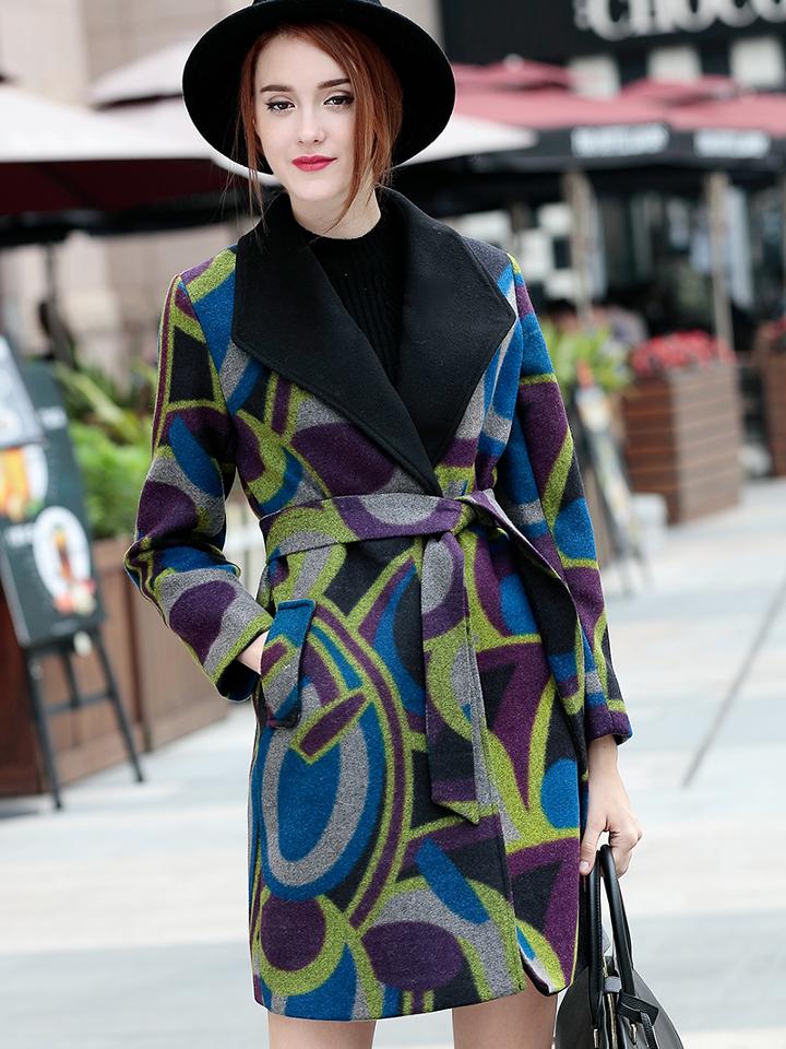 Romwe Multicolor Lapel Long Sleeve Tie-waist Pockets Coat