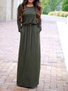 Romwe Army Green Long Sleeve Pockets Maxi Dress