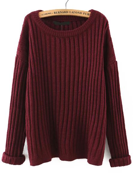 Romwe Burgundy Round Neck Vertical Stripe Loose Sweater