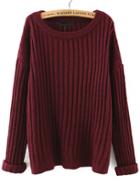 Romwe Burgundy Round Neck Vertical Stripe Loose Sweater