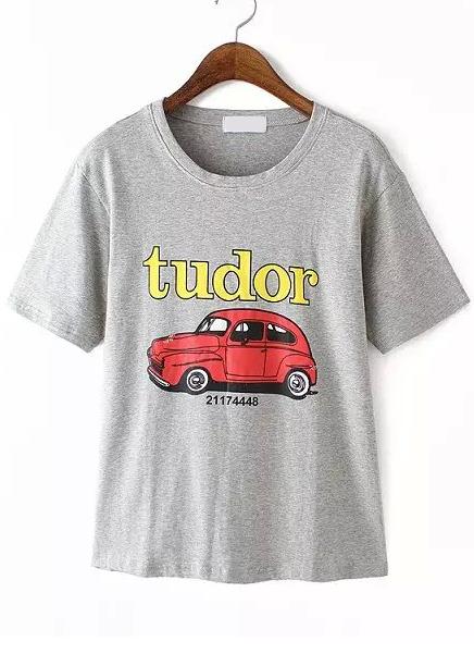 Romwe Car Print Grey T-shirt