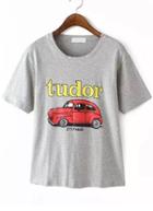 Romwe Car Print Grey T-shirt