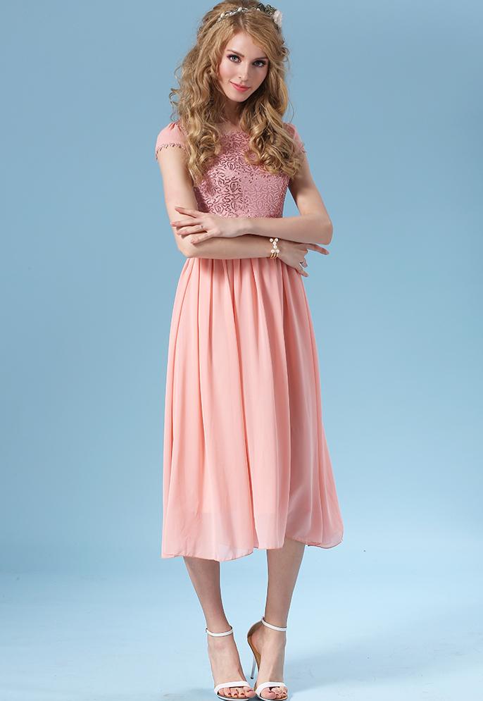 Romwe Lace Embroidered Vintage Chiffon Pleated Dress