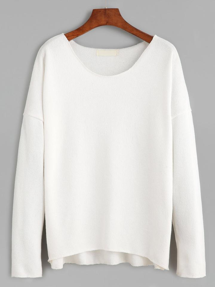 Romwe White Drop Shoulder Dip Hem Knitwear