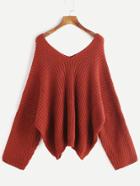Romwe Brick Red Double V Neck Dropped Shoulder Seam Sweater