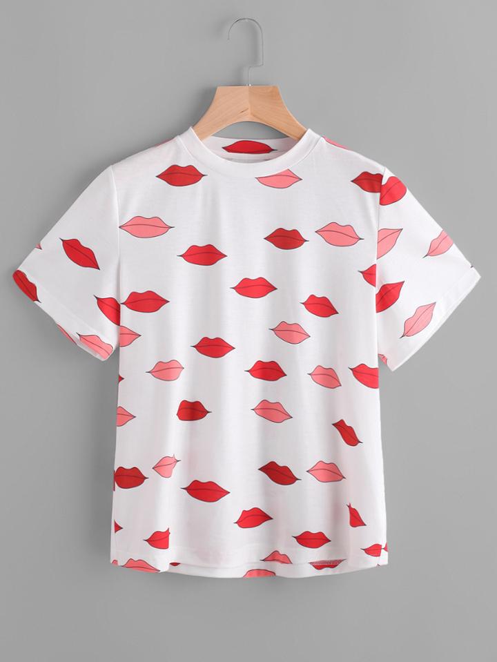 Romwe All Over Red Lip Print Tee