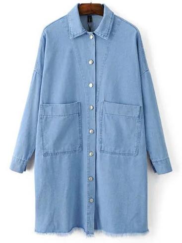 Romwe Blue Lapel Raw-edge Hem Pocket Shirt Dress