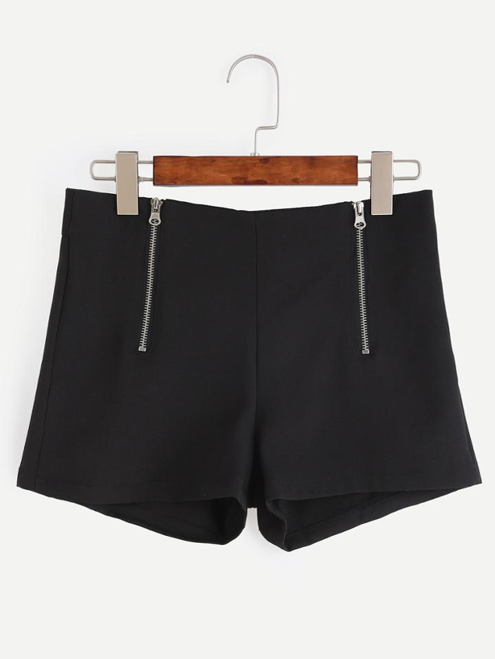 Romwe Black Double Zip Front Shorts