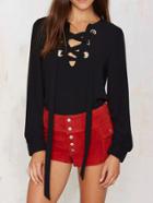 Romwe Black Lace Up Chiffon Blouse