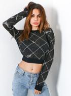 Romwe Sparkle Grid Print Ribbed Trim Crop Sweatshirt