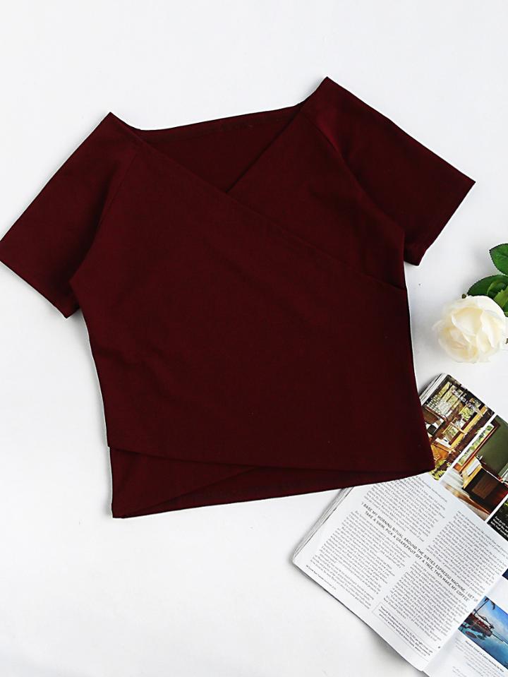 Romwe V Neckline Surplice Asymmetric Hem Tee