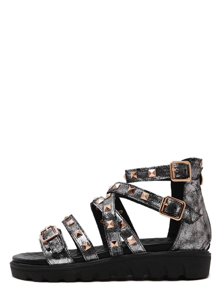 Romwe Silver Peep Toe Studded Strappy Wedges