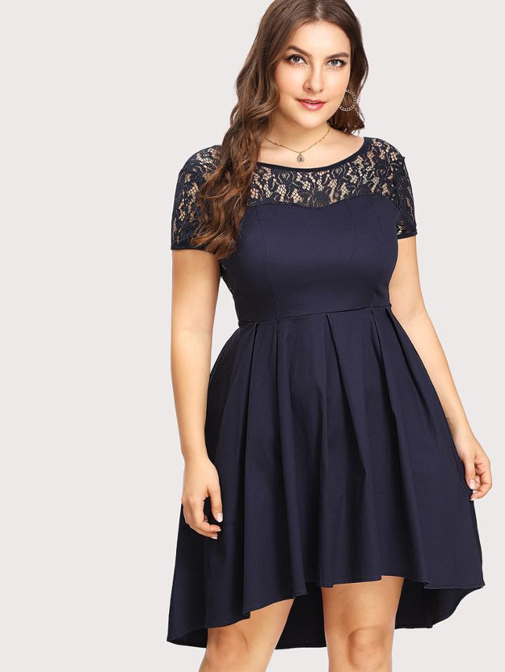 Romwe Contrast Lace V Back Dip Hem Dress