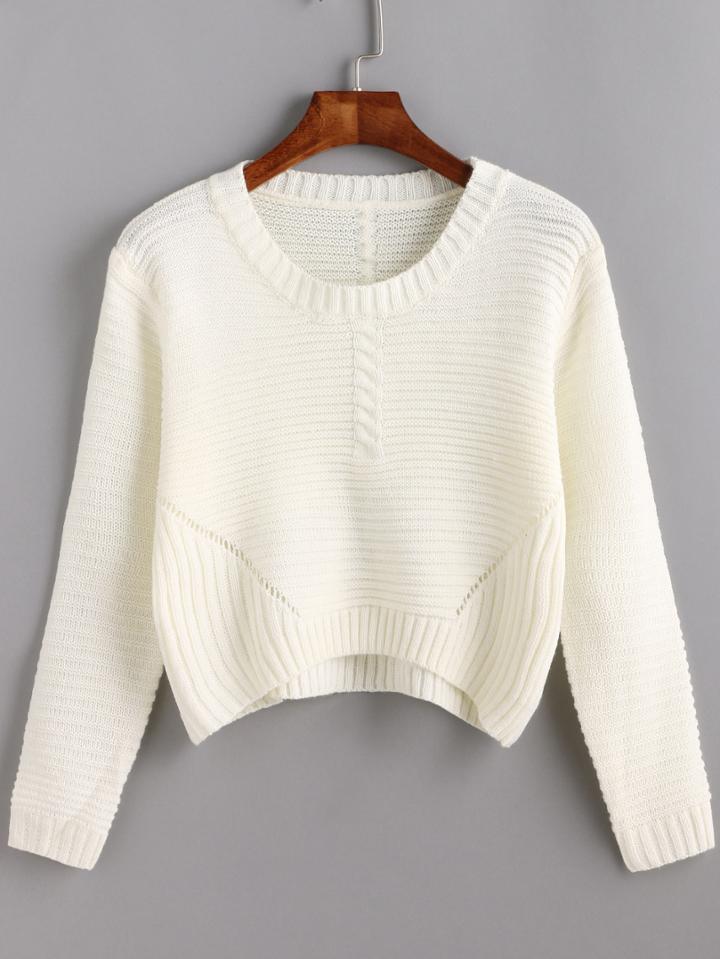 Romwe High Low Eyelet White Jumper