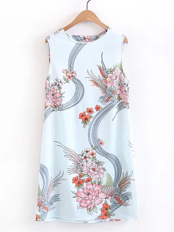 Romwe Floral Print Cut Out Back Dress