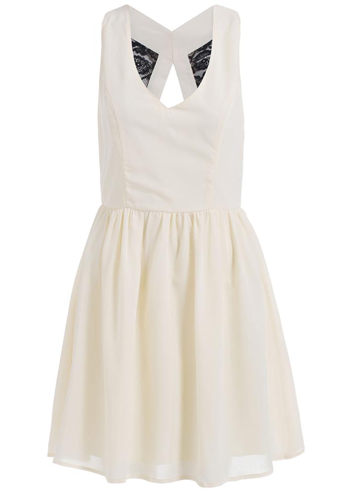 Romwe Cut Out Contrast Lace Pleated Dress