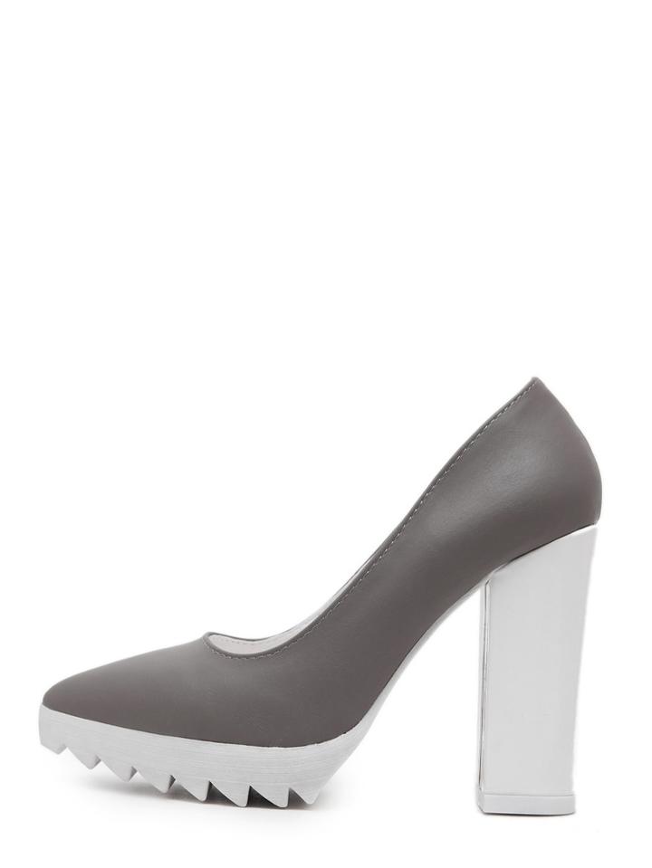 Romwe Grey Pointed Toe Zigzag Platform Chunky Pumps