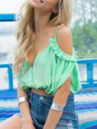 Romwe Green Deep V Neck Ruffle Cold Shoulder Blouse