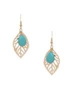 Romwe Turquoise & Cutout Leaf Drop Earrings - Gold